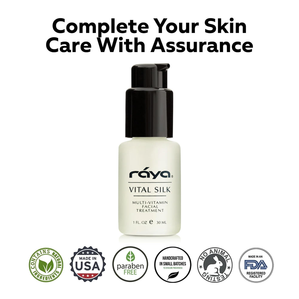 RAYA Vital Silk Serum ingredients in glass, clean vitamin-rich formula.