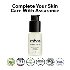 RAYA Vital Silk Serum ingredients in glass, clean vitamin-rich formula.