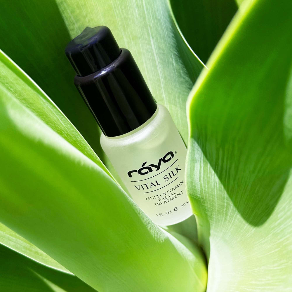 RAYA Vital Silk Serum packaging closeup, USA-made and cruelty-free.