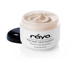 Raya Volcanic Mud Masque jar demonstrates premium clay treatment for pore refinement