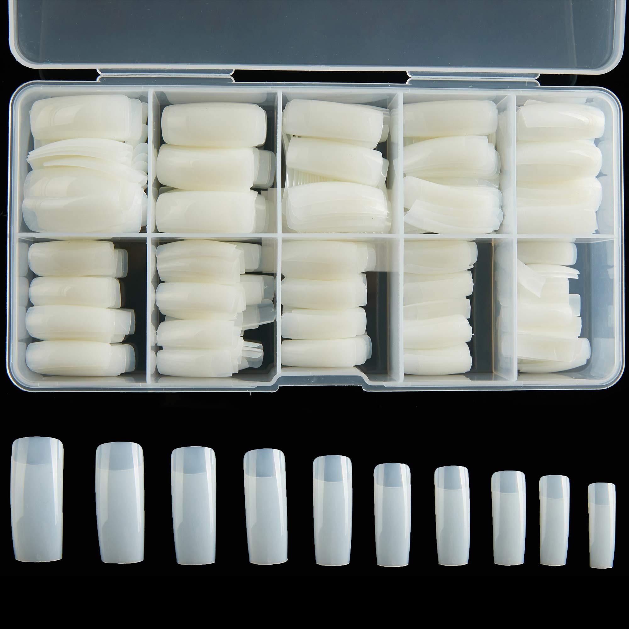 RayanWay half-cover acrylic nail tips in natural color with organized case for quick selection.
