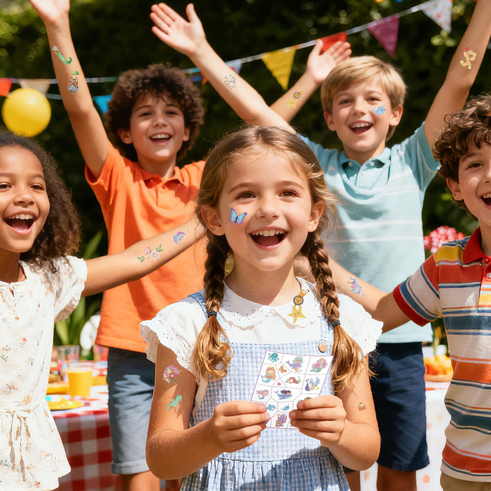 Rayzoq kids tattoos with waterproof designs for face and arms during celebrations.