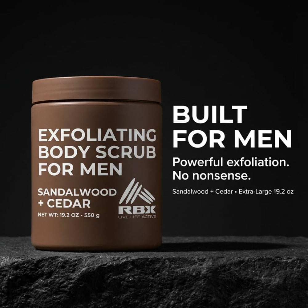 RBX Exfoliating Scrub Sandalwood Musk bottle exfoliates while hydrating for post-shower comfort.