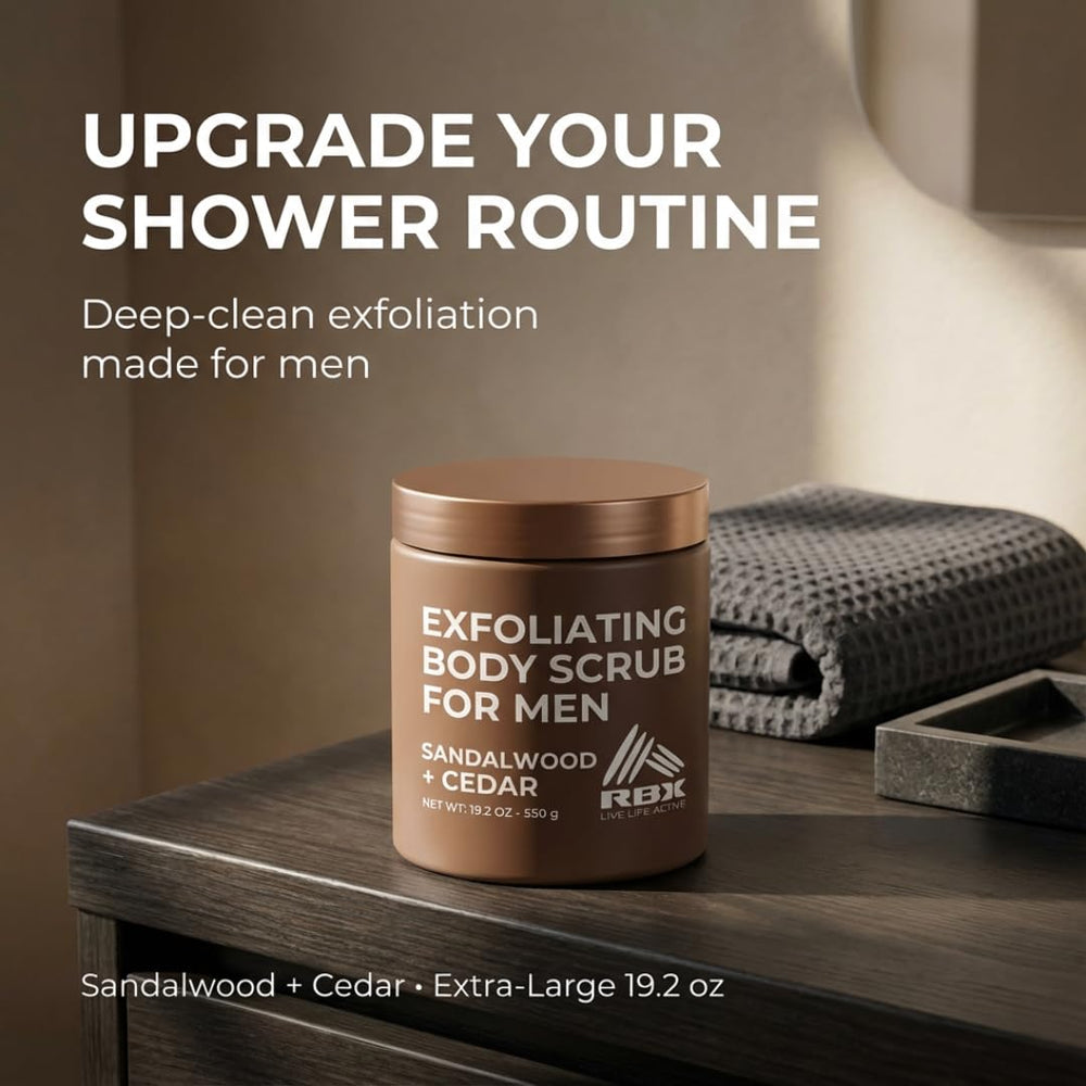 RBX Exfoliating Scrub Sea Salt Cedar closeup highlights texture and mood-boosting scent.