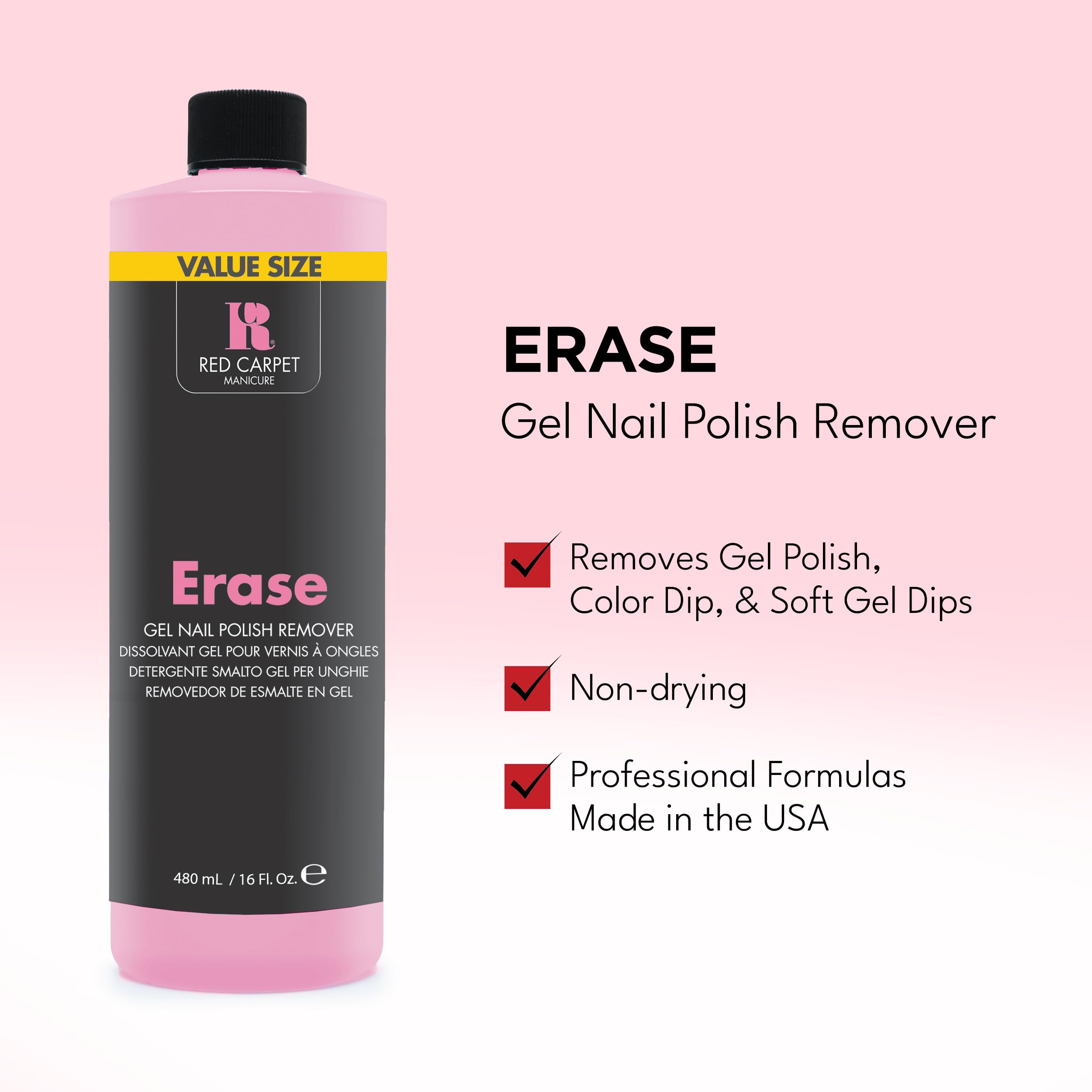 RC Red Carpet Manicure Erase liquid-in-bottle detail highlights conditioning formula.