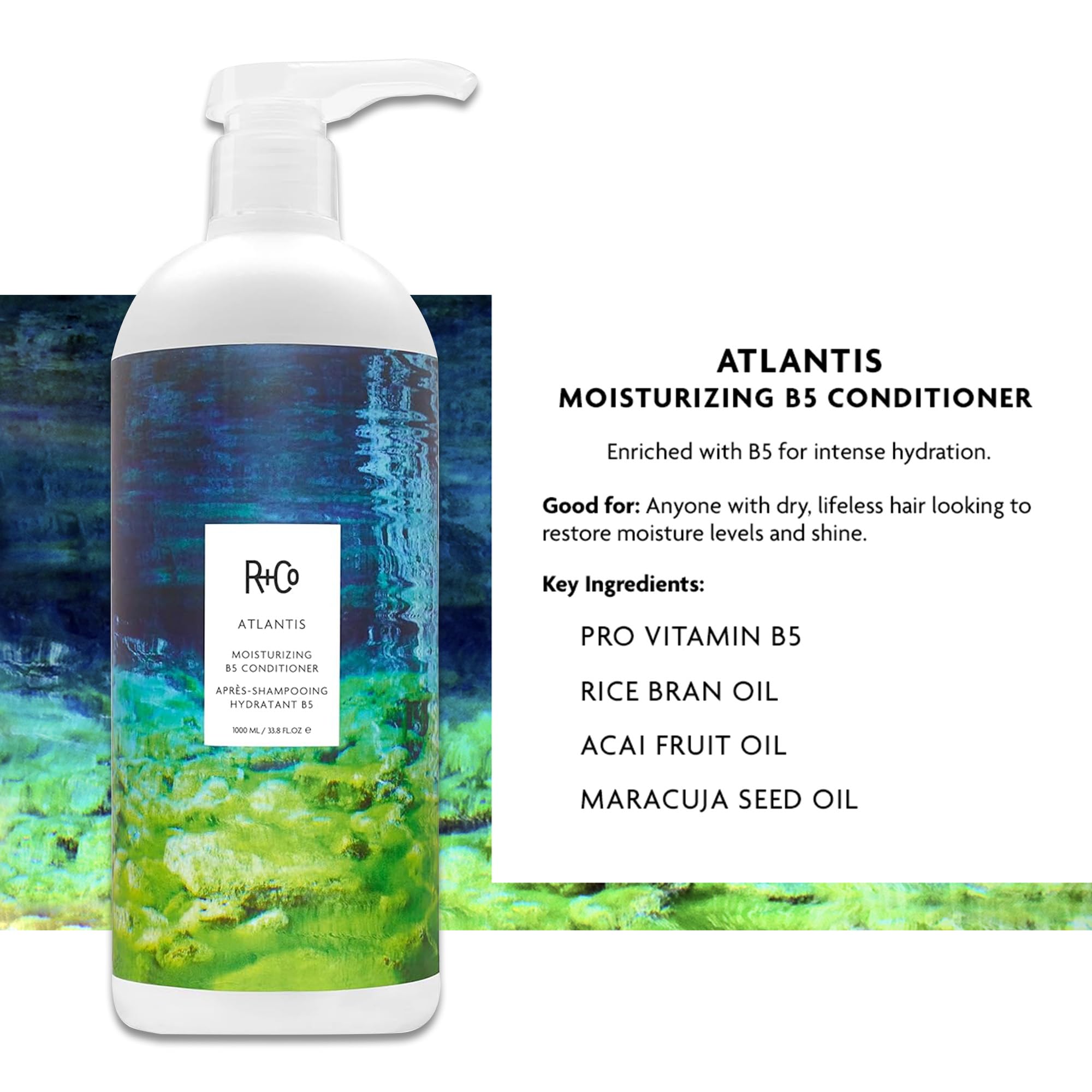 R+Co Atlantis set packaging showcases eco-conscious, vegan-friendly care.