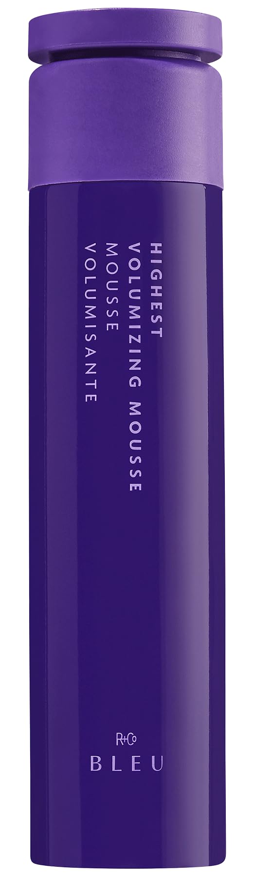 R+Co Blue Highest Volumizing Mousse bottle close-up with lightweight lift and shine