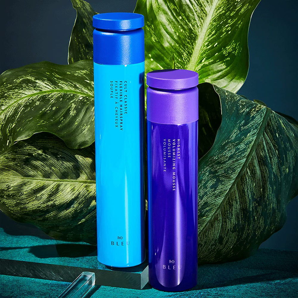 R+Co Blue mousse on styled hair showing fullness and shine
