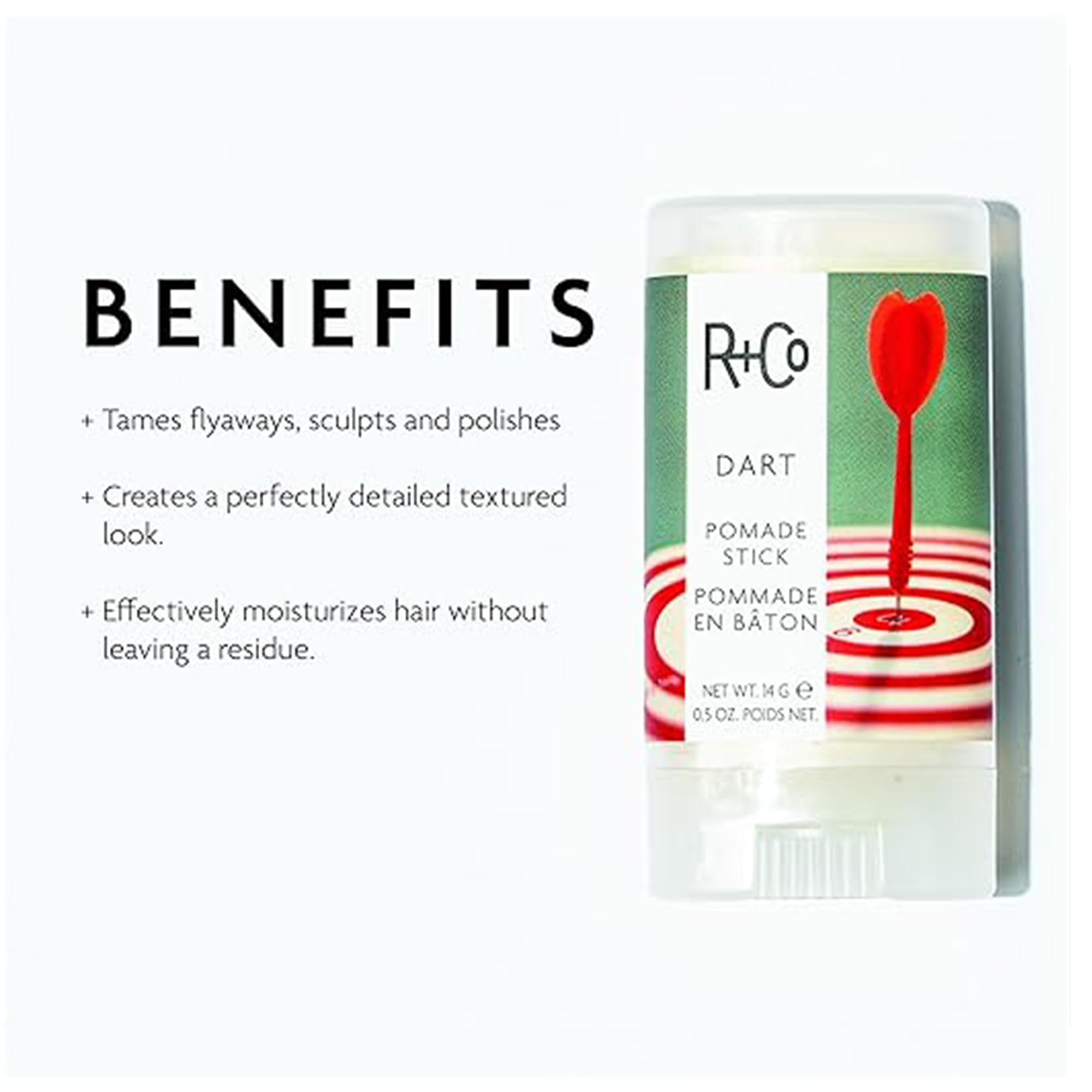 R+Co Dart Pomade Stick being applied to tame flyaways with precise, glide-on movement
