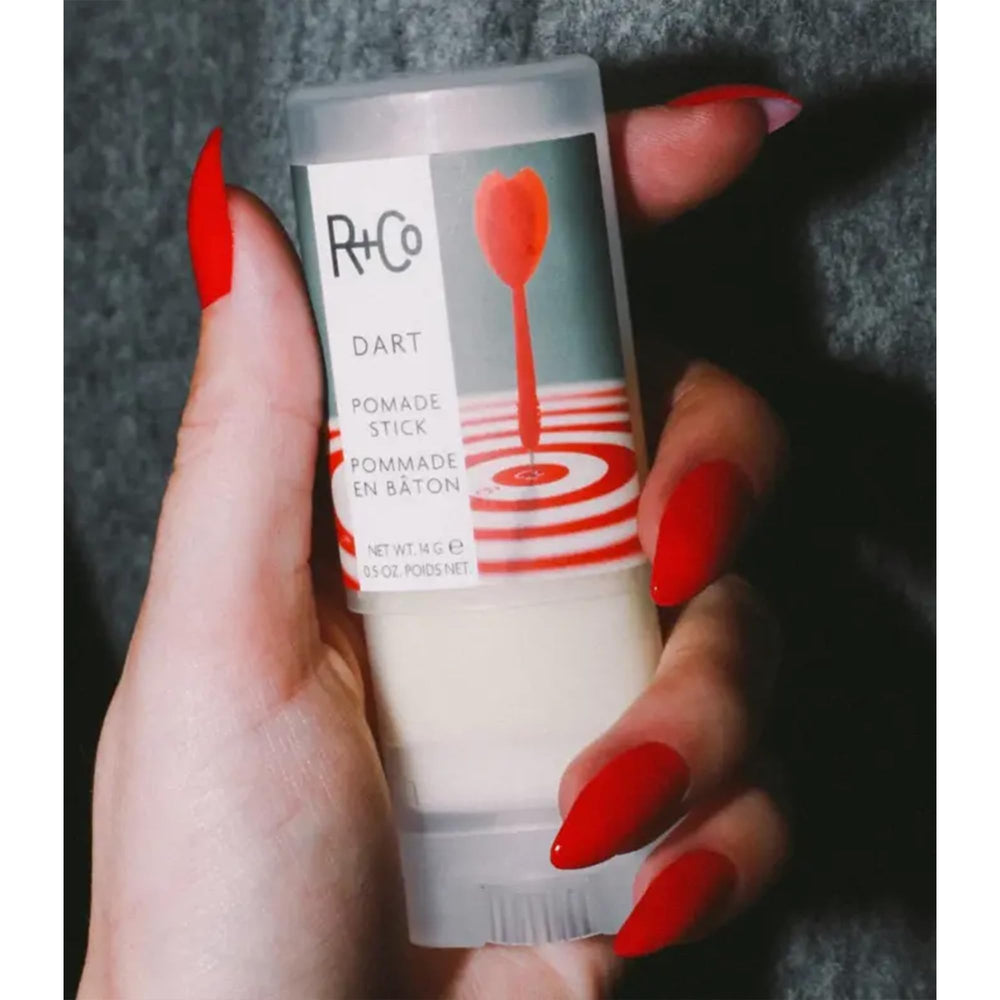 R+Co Dart Pomade Stick vegan label signaling cruelty-free formula