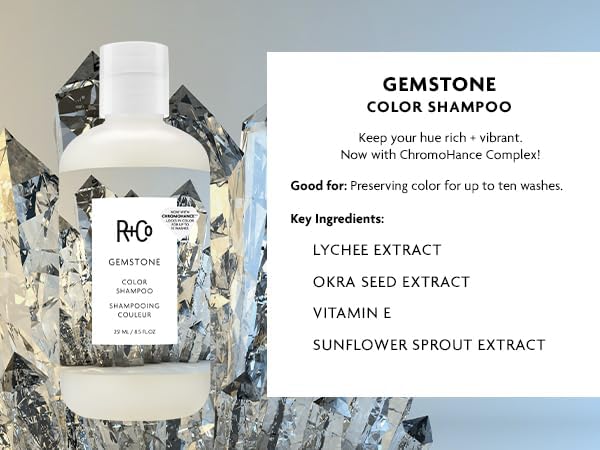 R+Co Gemstone Color Conditioner bottle smooths and preserves vibrancy.