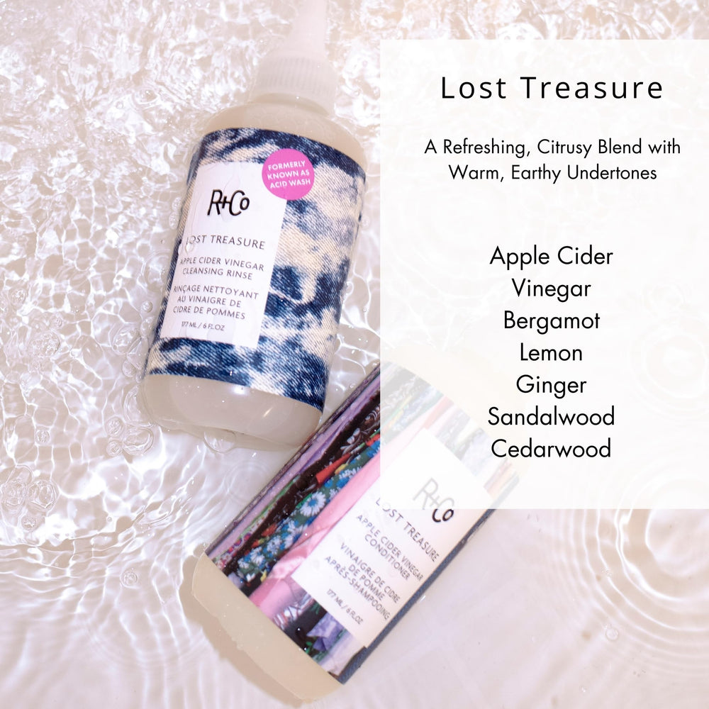 The R+Co Lost Treasure scalp refresh shot suggests cleansing and balance.