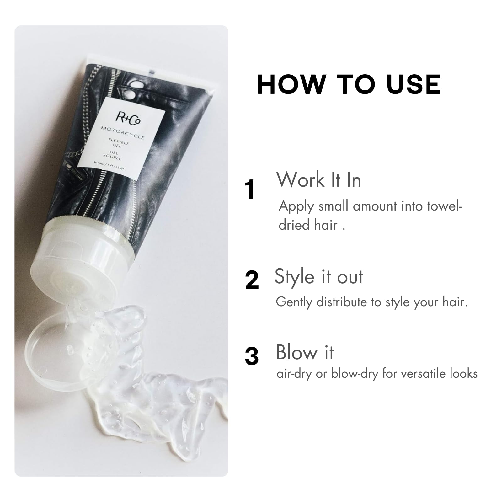 R+Co Motorcycle Flexible Gel on wet hair for controlled hold.