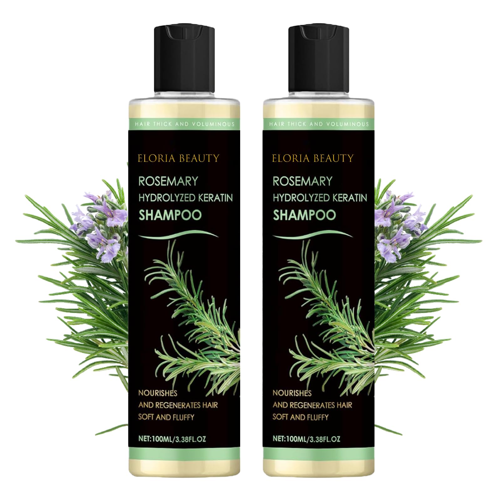 RCSCBC Eloria Beauty Shampoo bottle highlights rosemary-infused formula for glossy hair.