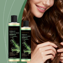 RCSCBC Eloria Beauty Shampoo rosemary leaf oil close-up emphasizes scalp nourishment.