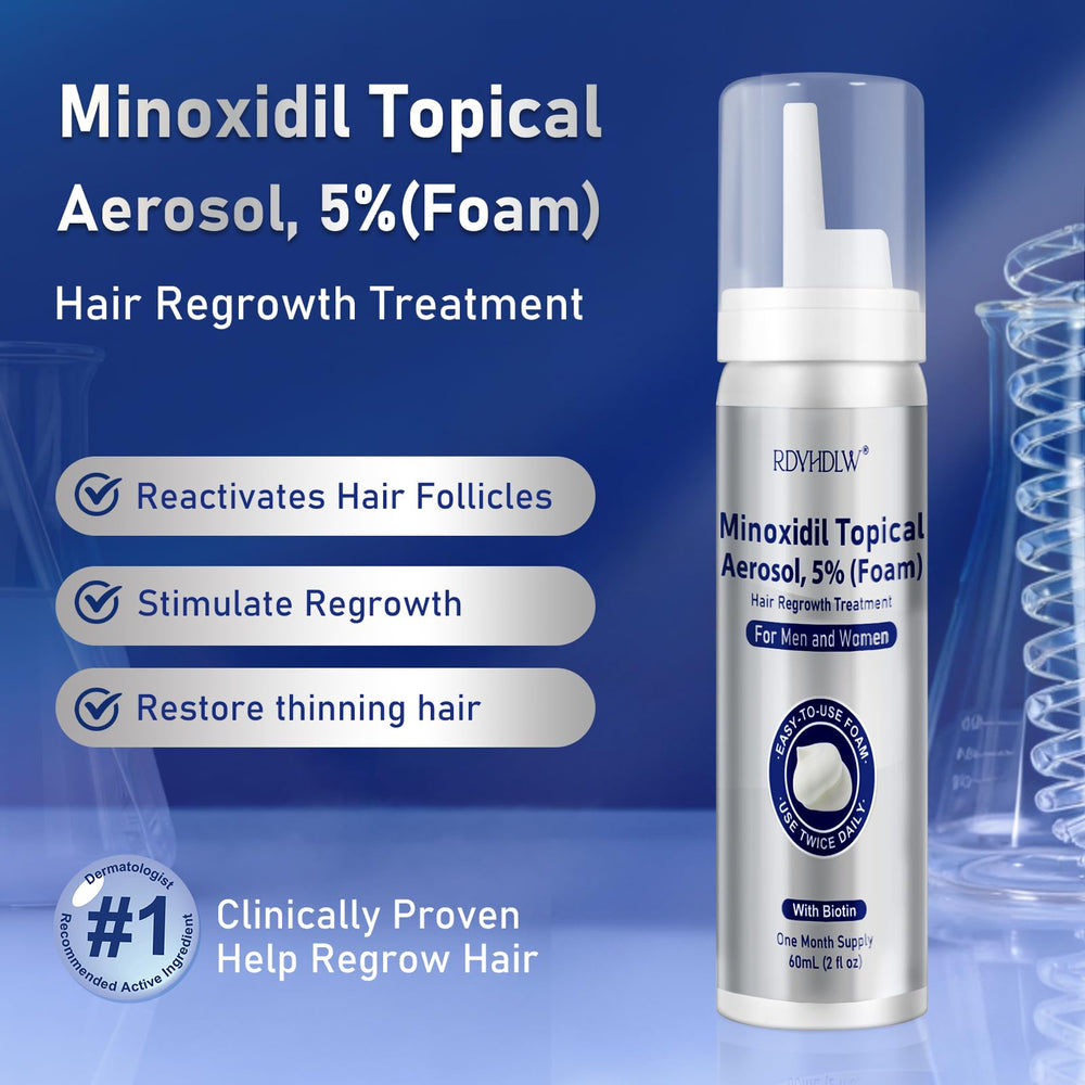 Boîte RDVHDLW Minoxidil Foam avec sept bouteilles et rouleau dermo inclus