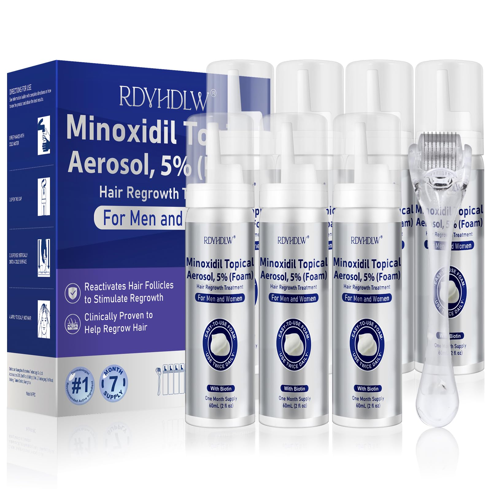 RDVHDLW Minoxidil Foam, bouteille 60 ml prête pour une application régulière sur le cuir chevelu