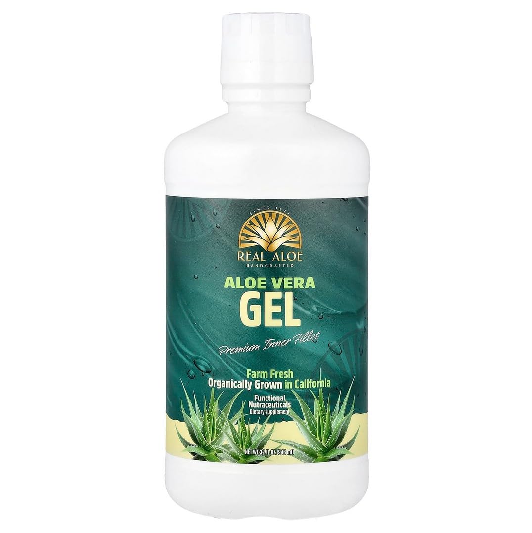 Real Aloe bottle shows inner leaf gel for clean daily hydration.