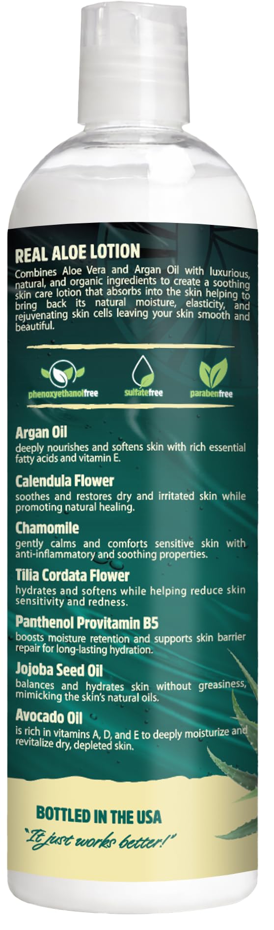 Real Aloe lotion with aloe leaf close-up emphasizes natural ingredients for sensitive skin.