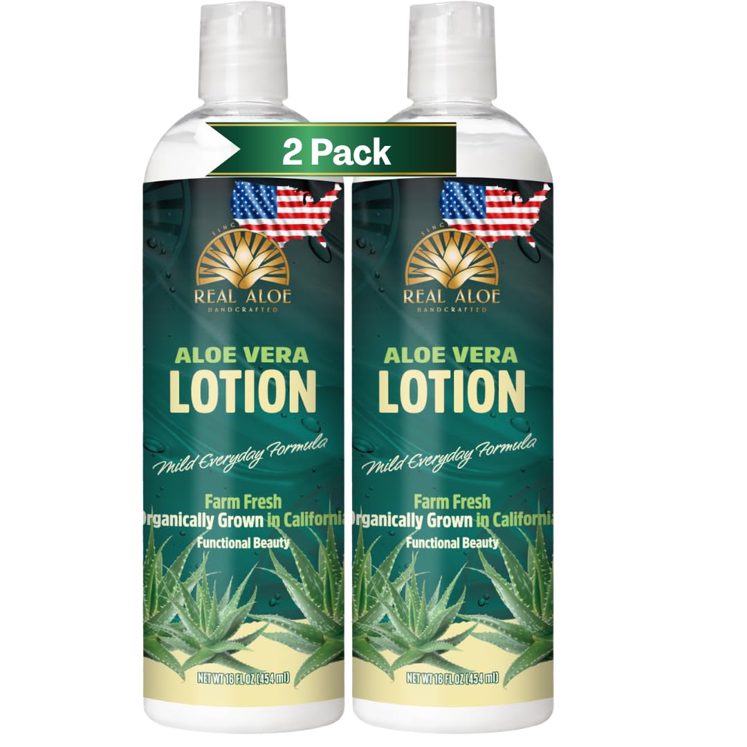 Real Aloe lotion bottle front view showing quick-absorbing hydration for skin.