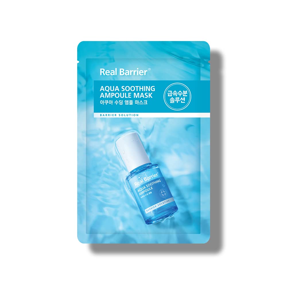 Real Barrier Aqua Soothing Ampoule Face Sheet Mask packaging ready to hydrate sensitive skin.