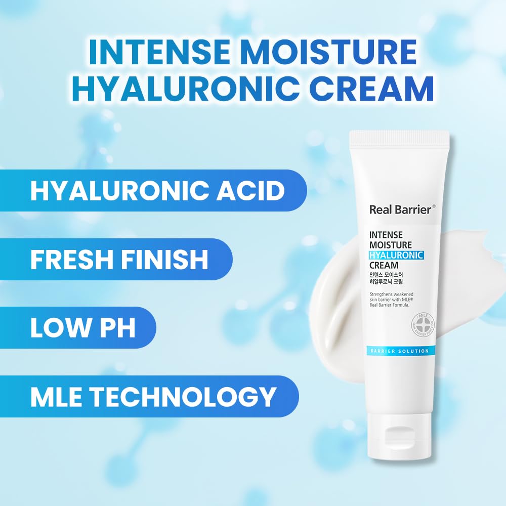 Real Barrier hyaluronic acid molecule closeup emphasizes deep hydration without heaviness