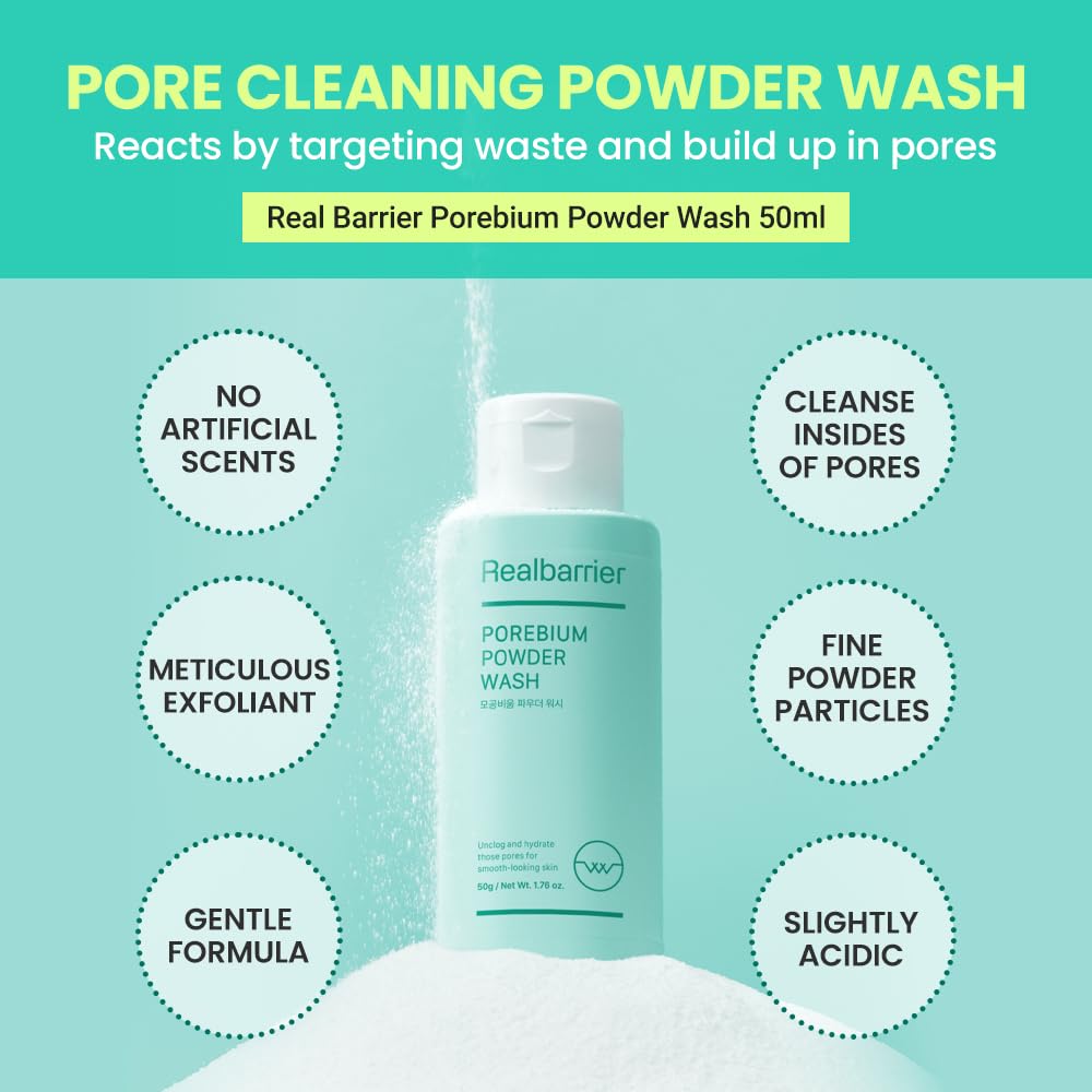 Real Barrier Porebium Powder Wash exfoliating powder removes buildup safely.