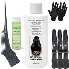 Real Brazilian Straight bottle applying keratin treatment for salon-like results.