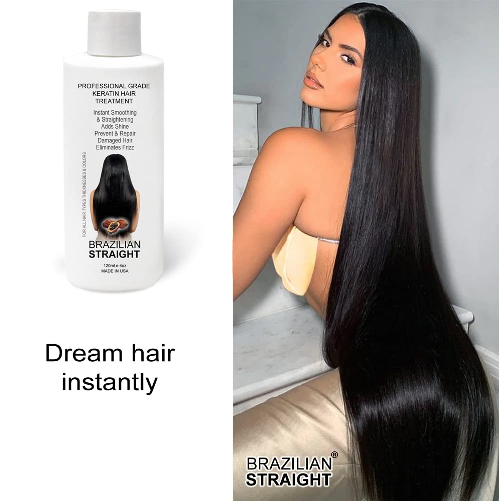 Real Brazilian Straight keratin-protein blend highlights smoothing and strengthening benefits.