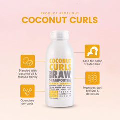Real Raw Coconut Curls Conditioner texture close-up emphasizes creamy hydration and detangling benefits.