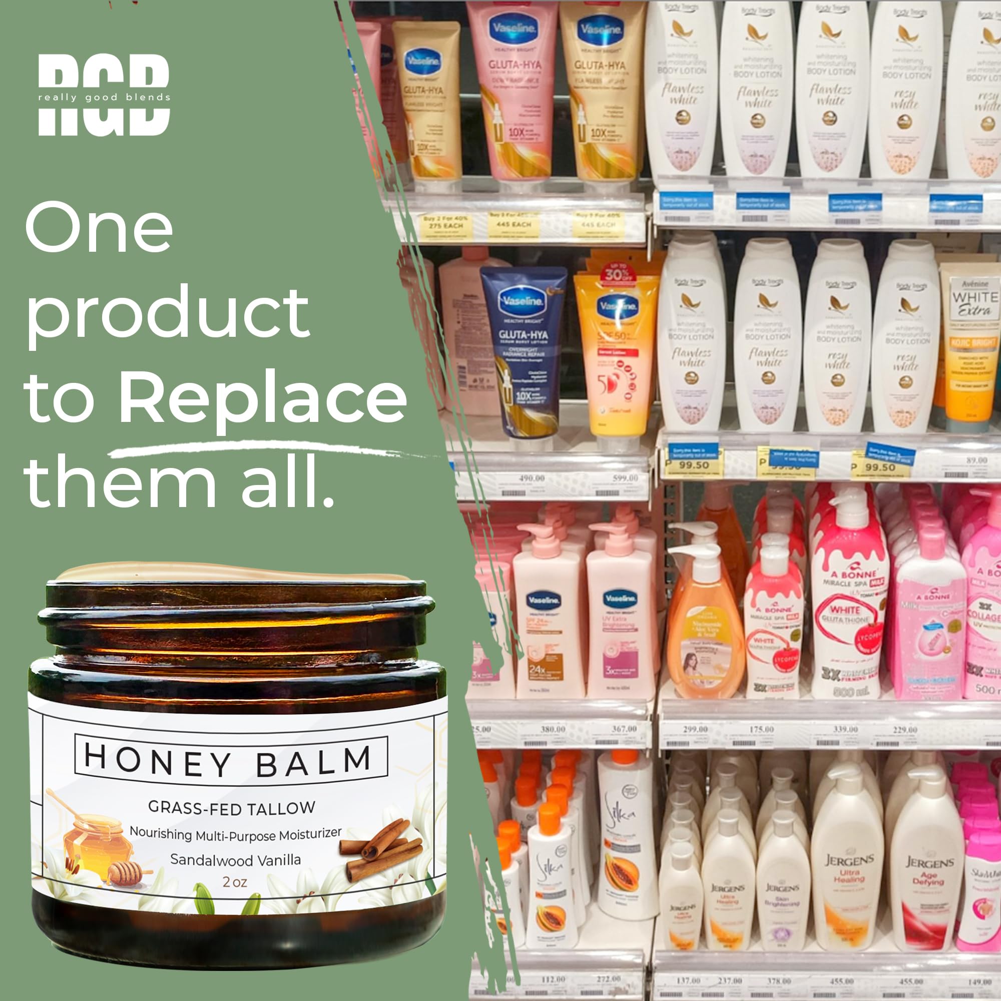 Really Good Blends Tallow Honey Balm on face application; soothing dryness with gentle scent.
