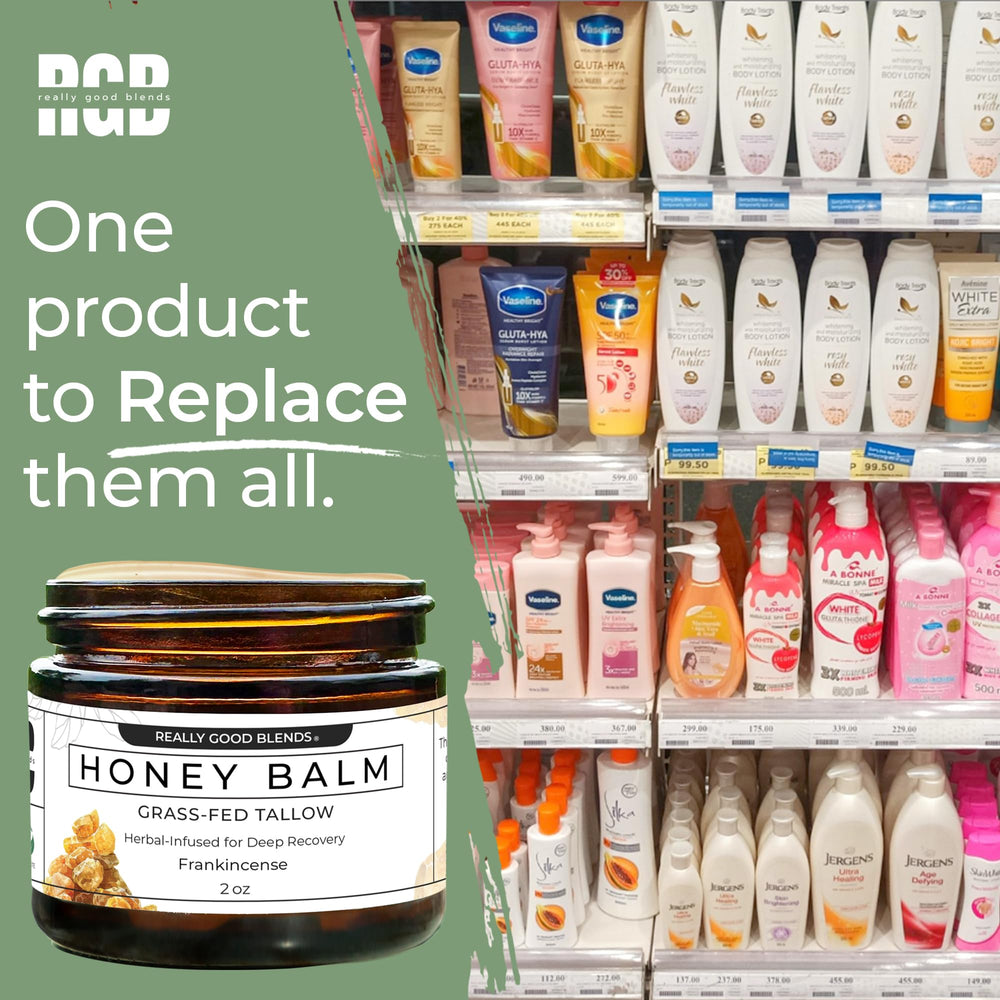 Really Good Blends Tallow Honey Balm ingredients close-up featuring frankincense and olive oil.