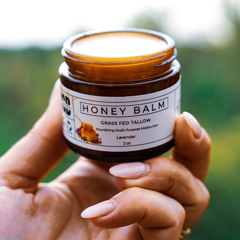 Ingredients panel of Really Good Blends Tallow Honey Balm highlighting grass-fed tallow and honey