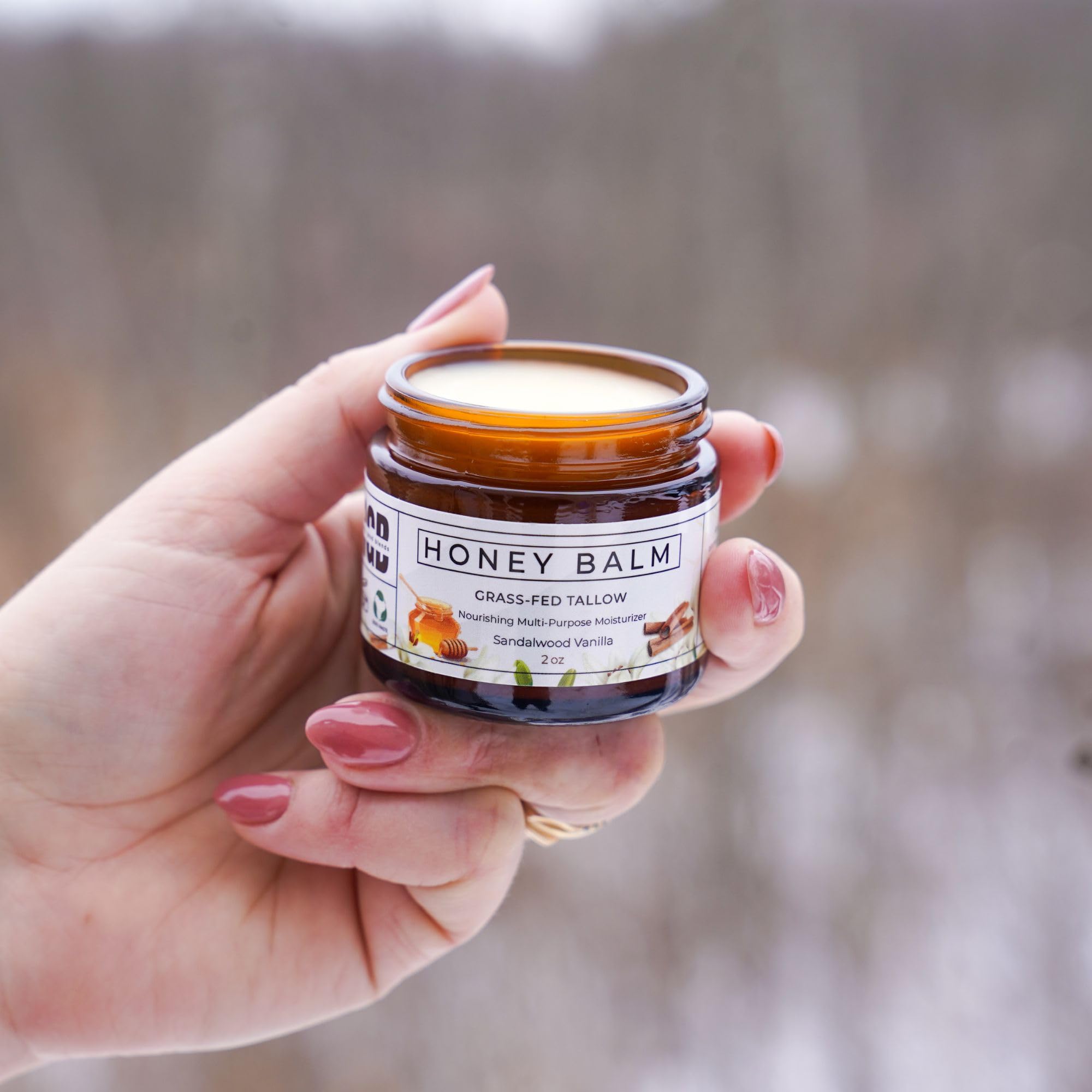 Really Good Blends Tallow Honey Balm label back; clean ingredients for sensitive skin.