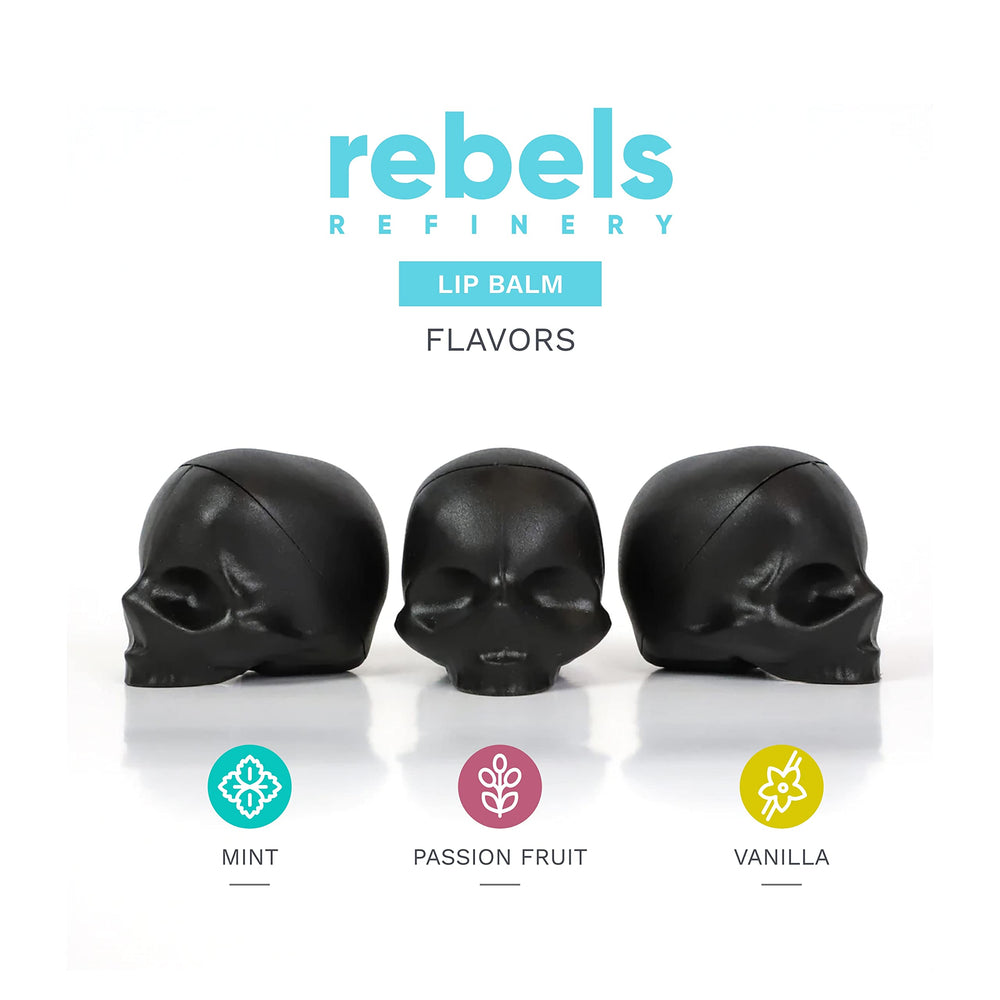 Rebels Refinery packaging close-up – premium skull-lip balm branding