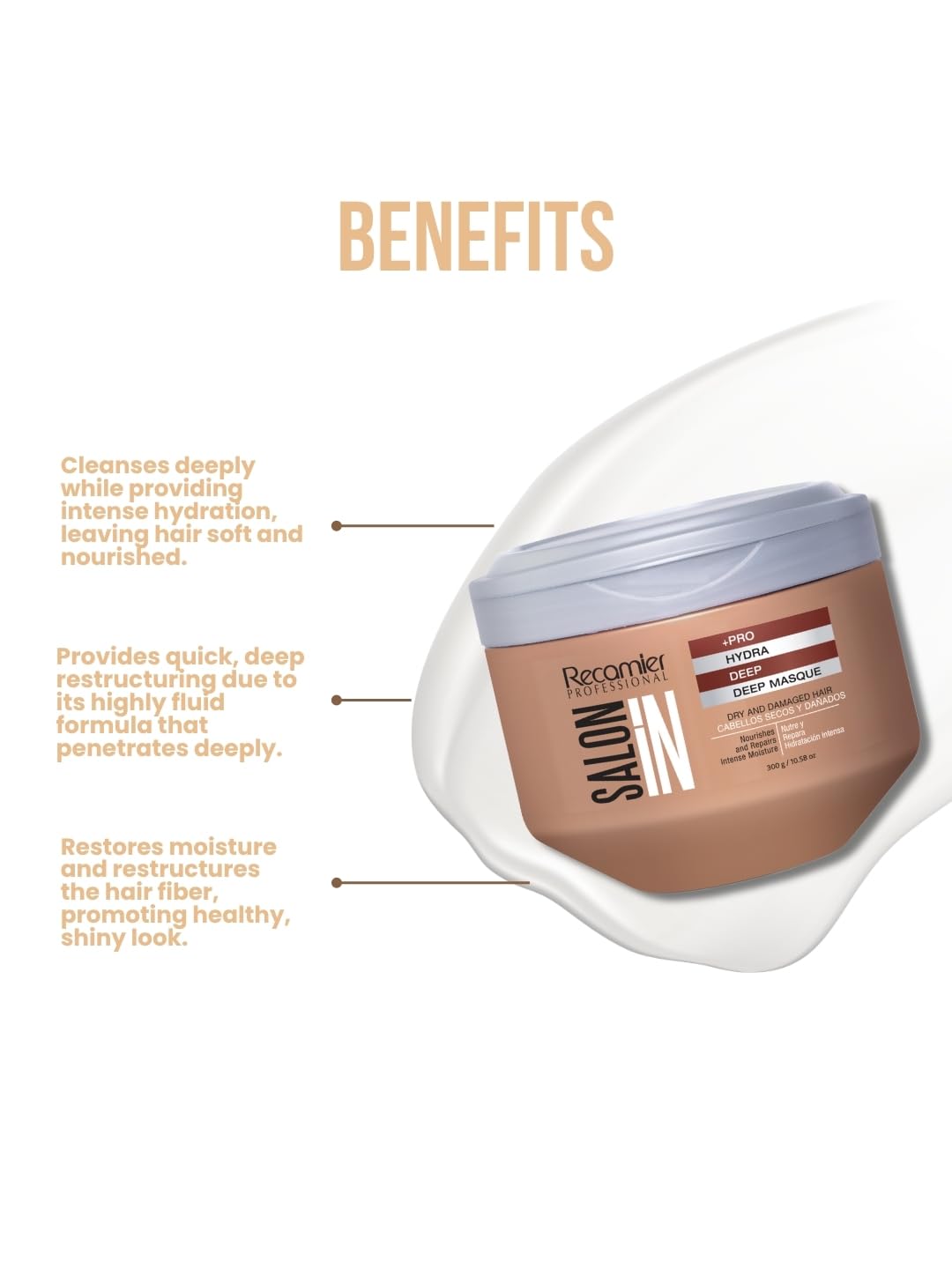 Recamier Hydra Repair argan oil blend nourishes hair for healthy appearance.