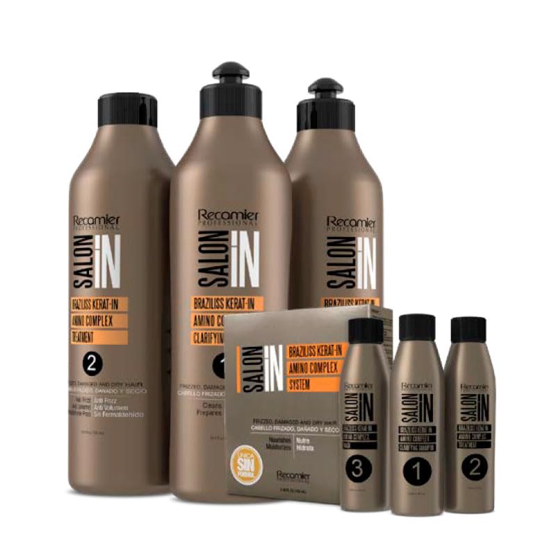 RECAMIER Braziliss Keratin Amino Complex packaging highlights keratin infusion for salon results.
