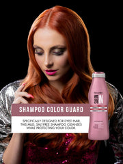 RECAMIER Color Guard Pro Shampoo label closeup shows UV protection benefit.
