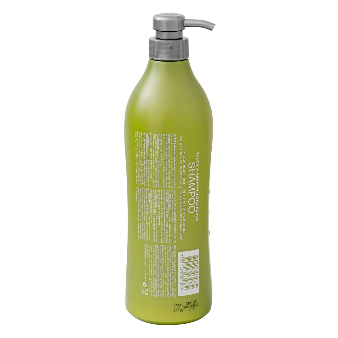RECAMIER PRO Keratin Ultra Force bottle back shows keratin and argan oil nourishment.