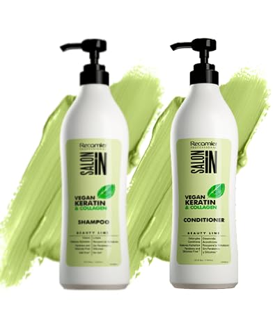Recamier Keratin Shampoo bottle promotes hydration and shine.