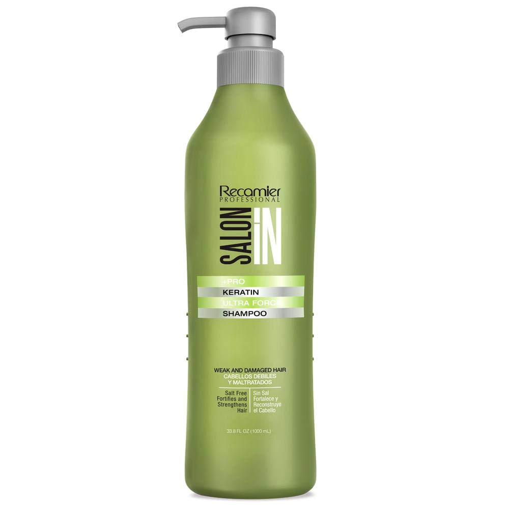 RECAMIER PROFESSIONAL SALON IN +Pro Keratin Ultra Force conditioner tube on shelf for smoother strands.