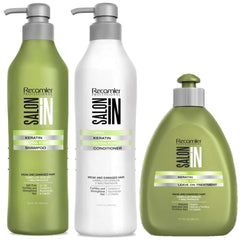 RECAMIER PROFESSIONAL SALON IN +Pro Keratin Ultra Force shampoo bottle close-up boosts hair strength.