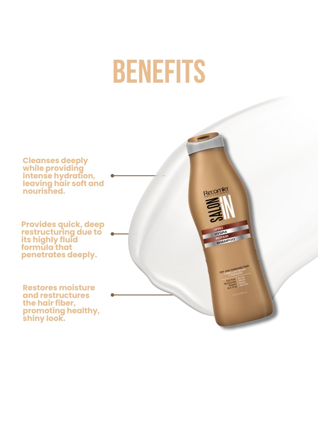 Recamier Hydra Repair Shampoo with argan oil ingredients close-up shows nourishing properties for soft strands