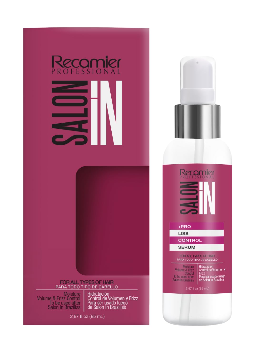 RECAMIER Salon In Liss Control bottle closeup showing hydration and frizz control.
