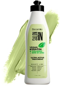 RECAMIER bottle closeup reveals flax seed formula enhancing shine and vitality.