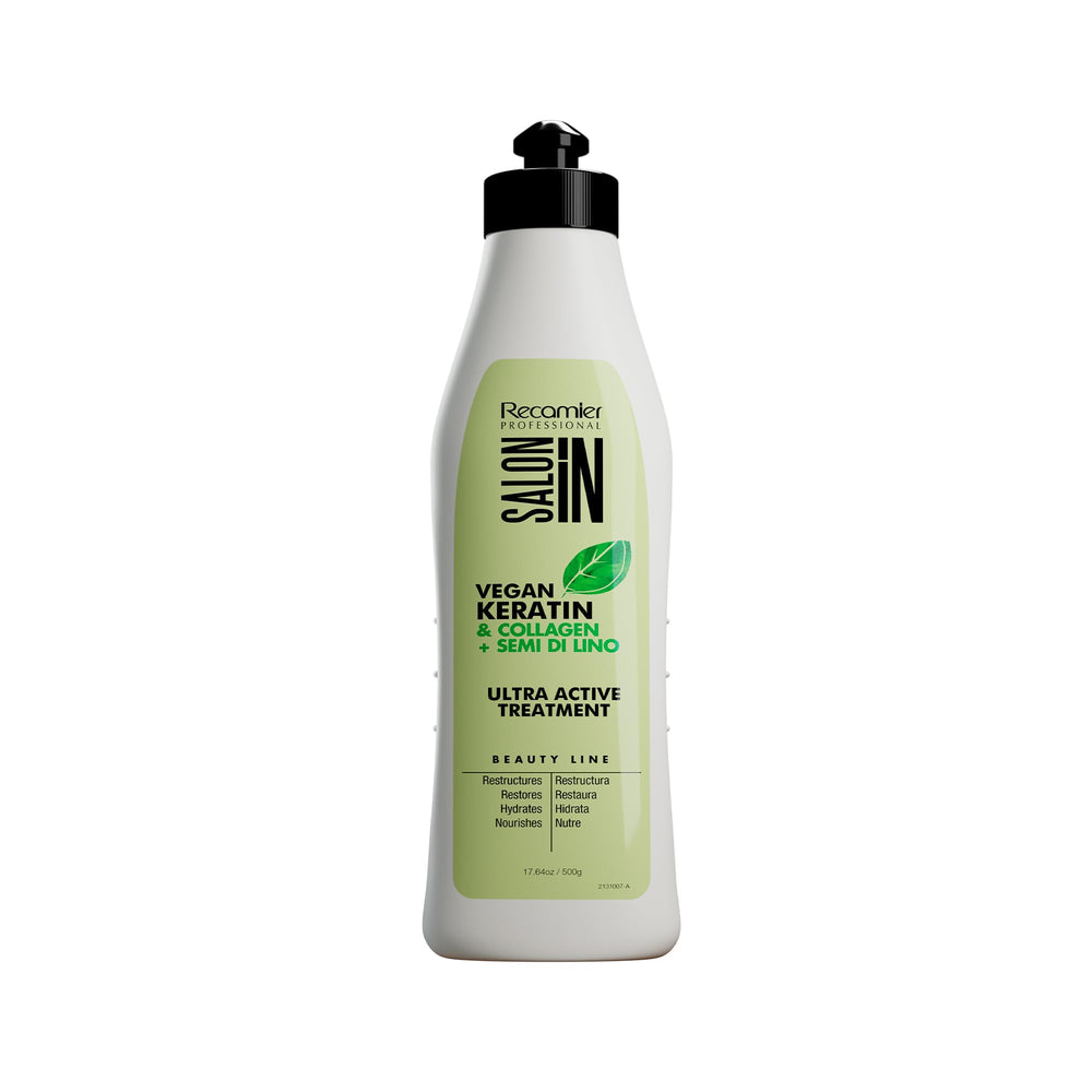 RECAMIER Salon In vegan keratin bottle pour shows hydration and ease of styling.