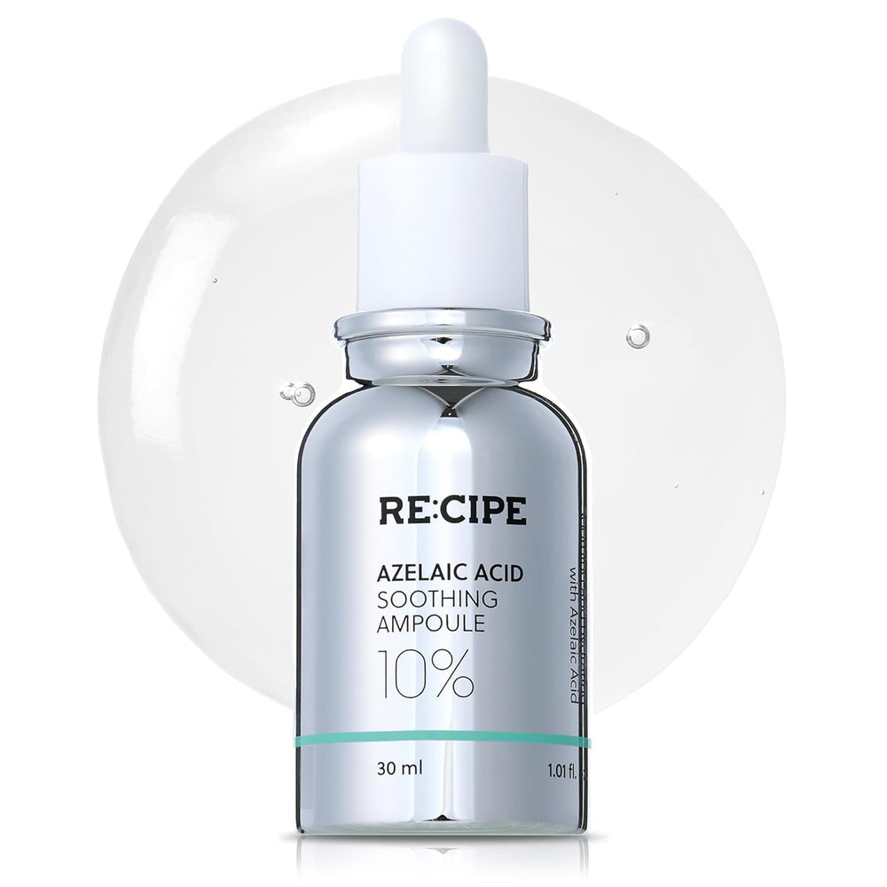 RE:CIPE Azelaic Acid 10% ampoule bottle on display, promoting calm, balanced skin.