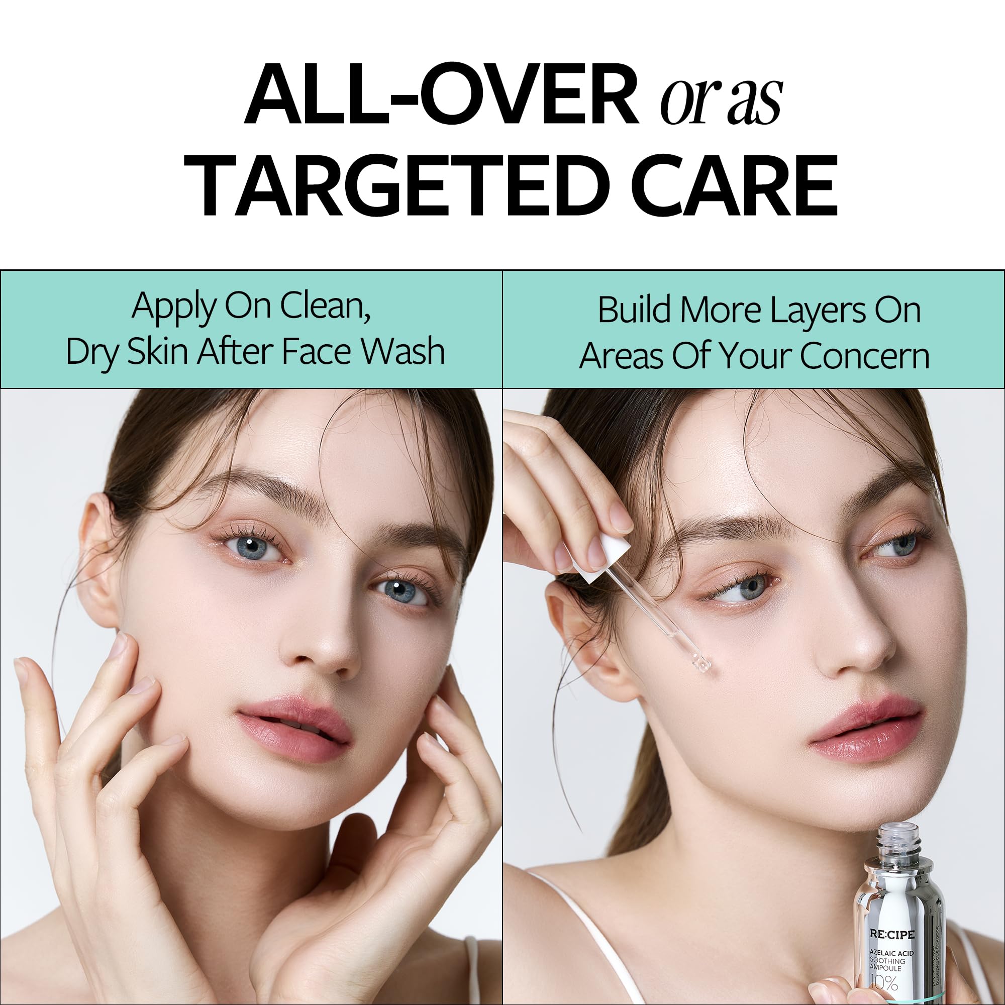 RE:CIPE Azelaic Acid 10% ampoule ingredients panel highlights soothing components.