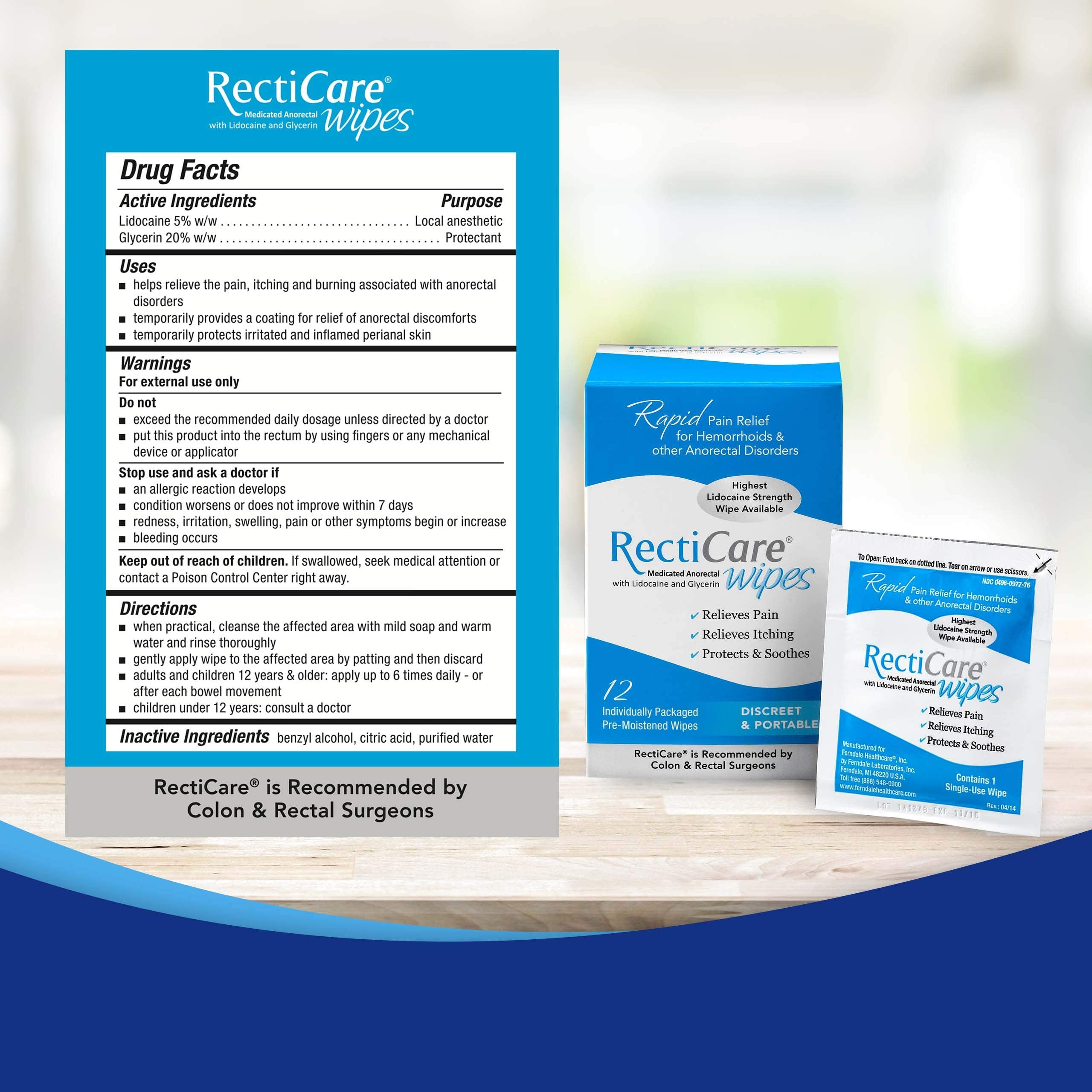 RectiCare 12-pack back view with usage guidance for temporary relief.