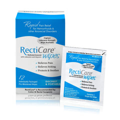 RectiCare medicated anorectal wipes 12-pack front view for fast, discreet relief.